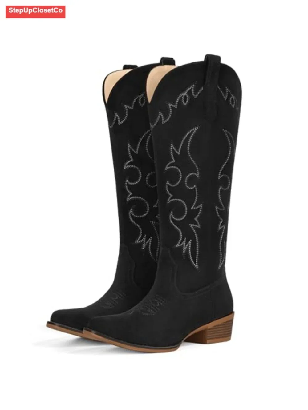 Women's Suede Cowboy Boots Knee High Western Cowgirl Floral Embroidery
